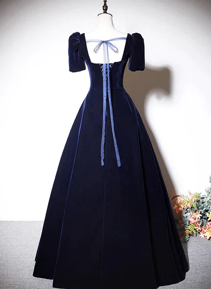 Vestido de noche largo de terciopelo azul marino de corte A